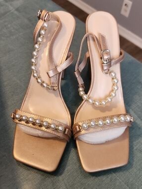 Pearl-Trim Rose Gold Heel Sandals